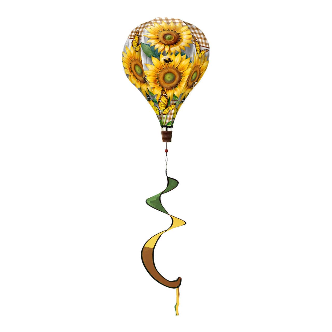 Double sunflower hot air balloon spinner with bright yellow blooms, durable polyester, and breezy motion for vibrant, garden-inspired outdoor décor.