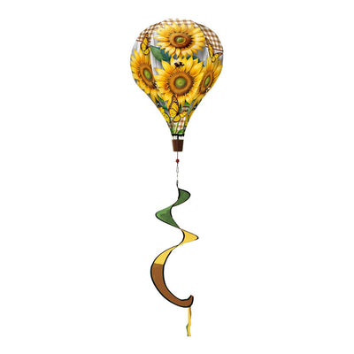 Double sunflower hot air balloon spinner with bright yellow blooms, durable polyester, and breezy motion for vibrant, garden-inspired outdoor décor.
