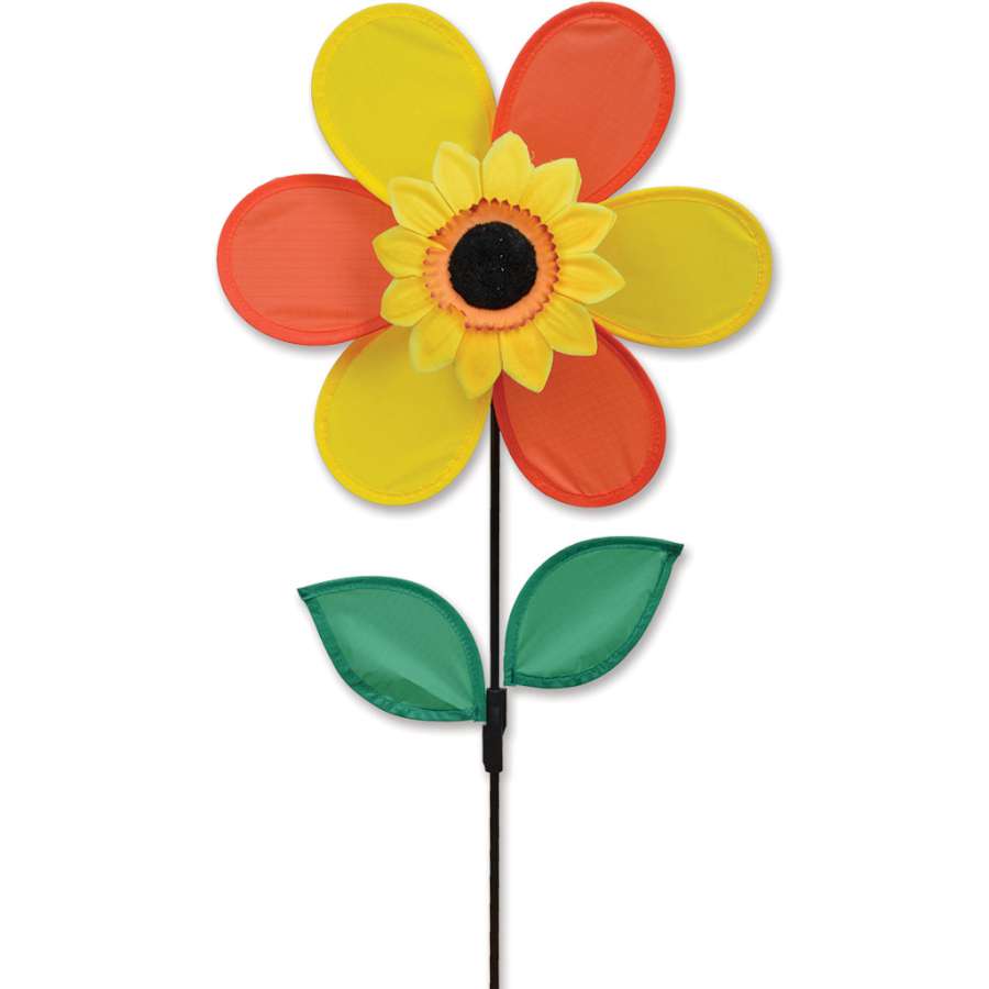 Colorful Sunflower Spinner displayed in a garden, featuring rotating petals designed to catch the breeze and enhance outdoor aesthetics.