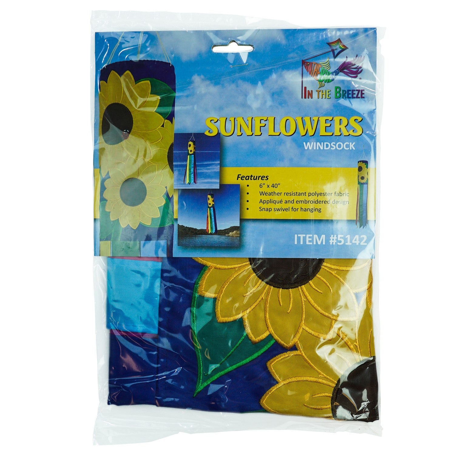 Sunflowers 40" windsock fluttering in the breeze, featuring detailed appliqued graphics and embroidered accents, bright yellow design.