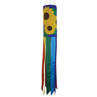 Sunflowers 40" windsock fluttering in the breeze, featuring detailed appliqued graphics and embroidered accents, bright yellow design.