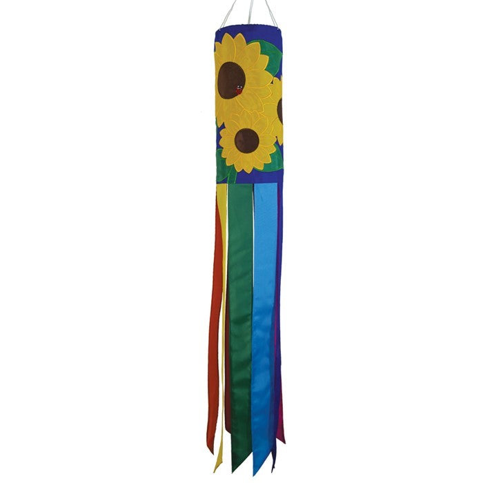 Sunflowers 40" windsock fluttering in the breeze, featuring detailed appliqued graphics and embroidered accents, bright yellow design.