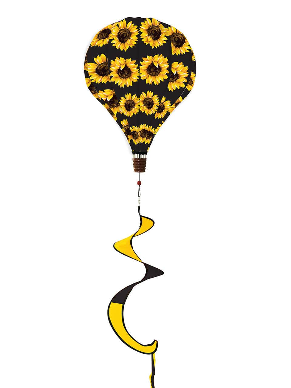 Sunflower-themed hot air balloon spinner with bright yellow petals, weather-resistant fabric, and flowing tail for cheerful outdoor seasonal decoration.
