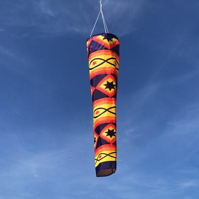 Sunset 41-inch Cone Windsock displaying a vibrant rainbow design, expertly crafted from weather-resistant polyester in an outdoor setting.
