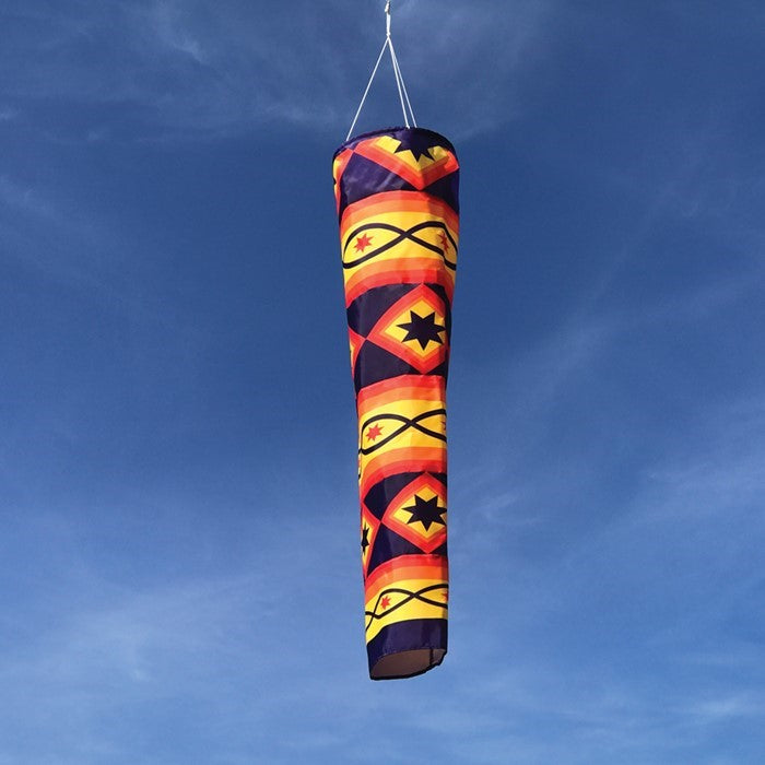 Sunset 41-inch Cone Windsock displaying a vibrant rainbow design, expertly crafted from weather-resistant polyester in an outdoor setting.