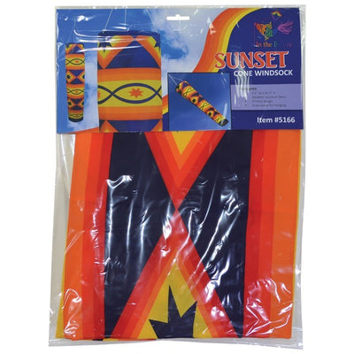 Sunset 41-inch Cone Windsock displaying a vibrant rainbow design, expertly crafted from weather-resistant polyester in an outdoor setting.