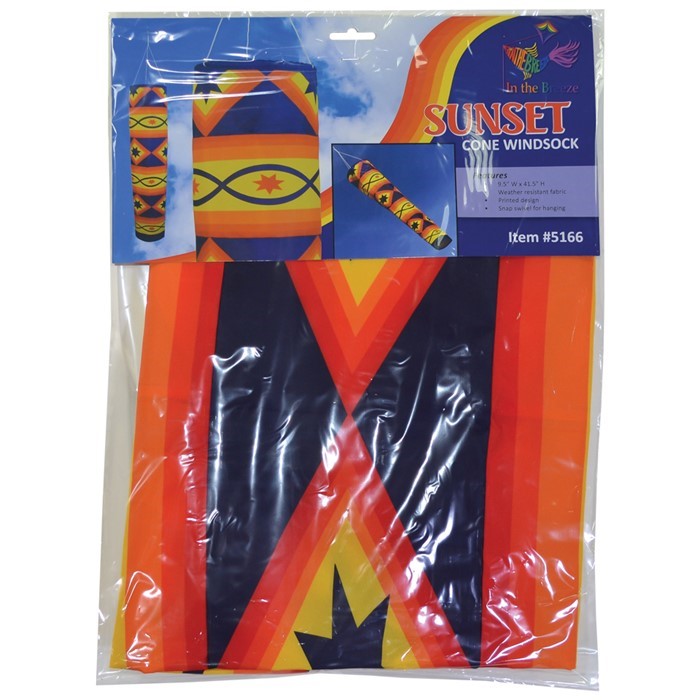 Sunset 41-inch Cone Windsock displaying a vibrant rainbow design, expertly crafted from weather-resistant polyester in an outdoor setting.