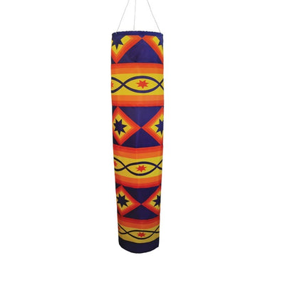 Sunset 41-inch Cone Windsock displaying a vibrant rainbow design, expertly crafted from weather-resistant polyester in an outdoor setting.