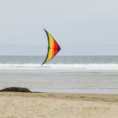 The Sunset 55" Sport Kite showcasing a bold, colorful design in flight against a clear blue sky is perfect for outdoor activities and easily recognizable.