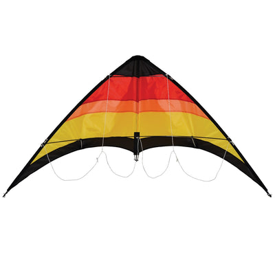 The Sunset 55" Sport Kite showcasing a bold, colorful design in flight against a clear blue sky is perfect for outdoor activities and easily recognizable.