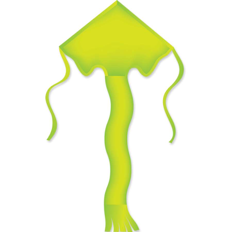 Super Flier Kite in neon green, measuring 46x90 inches, flying high against a clear blue sky during a sunny outdoor event.
