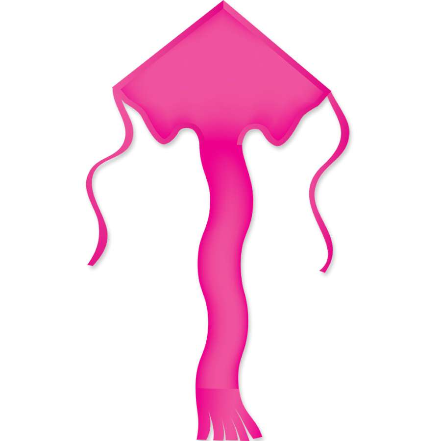 Super Flier Kite in bright pink soaring in the blue sky, measuring 46x90 inches, designed for easy flying, perfect for outdoor fun.