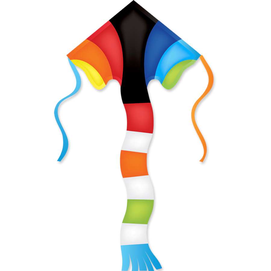 Super Flier Kite in vibrant rainbow colors, measuring 46 x 90 inches, soaring against a bright blue sky during outdoor play.