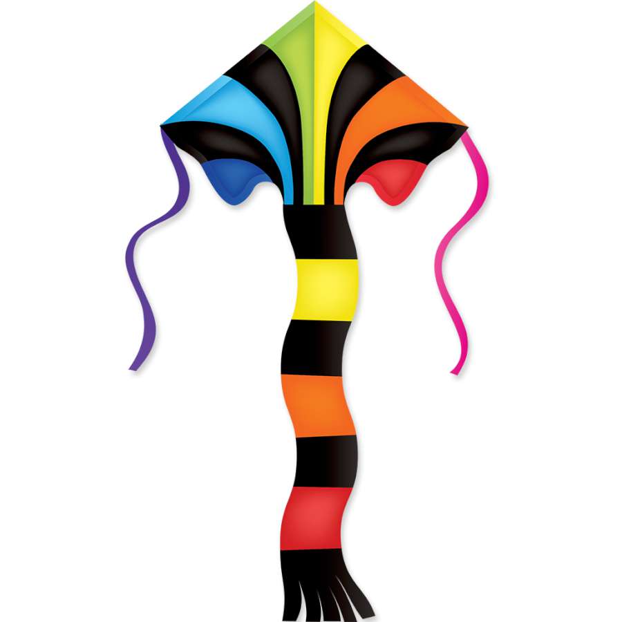 Super Flier Kite - Rainbow Fountain measuring 46 x 90 inches, soaring high with rainbow colors against a clear blue sky.