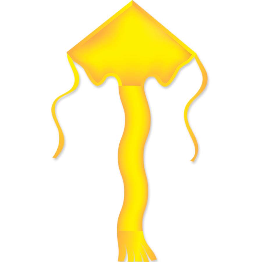 Super Flier Kite in bright yellow, measuring 46 x 90 inches, soaring high against a clear blue sky on a sunny day.