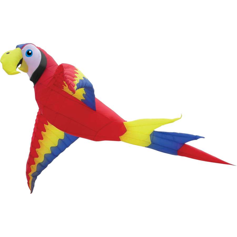 Super Mega Macaw Kite, vibrant in color, flying high in the sky against a blue backdrop, measuring 23 x 25 ft. for a breathtaking display.