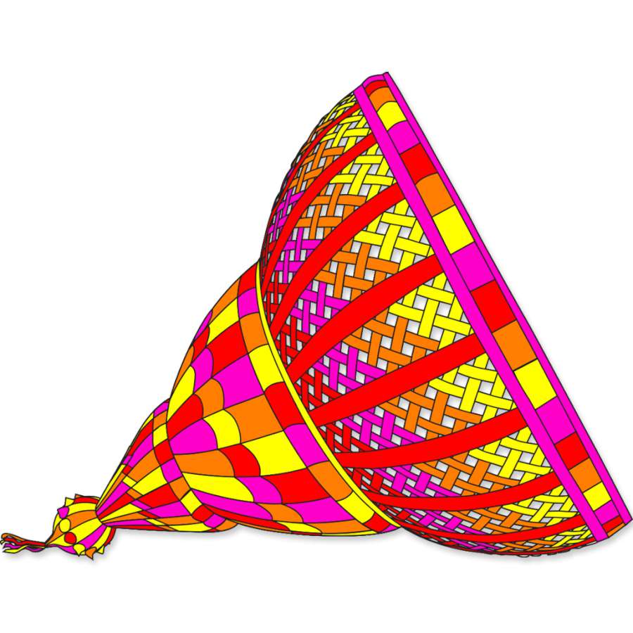 Super Mega Mesh Bowl kite in Warm Waterfall design soaring in the blue sky, displaying its large 25x35 ft. size and vibrant colors.