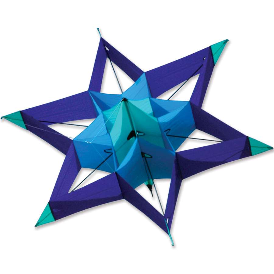 Super Nova Kite in Blue Energy flying high against a clear sky, showcasing its scalloped edges and vibrant colors.