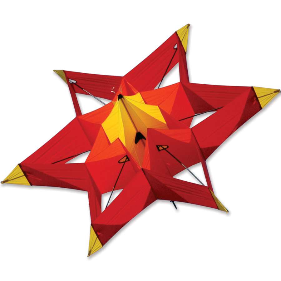 Super Nova kite in red explosion design, measuring 125x81 inches, soaring in the sky during an outdoor event.