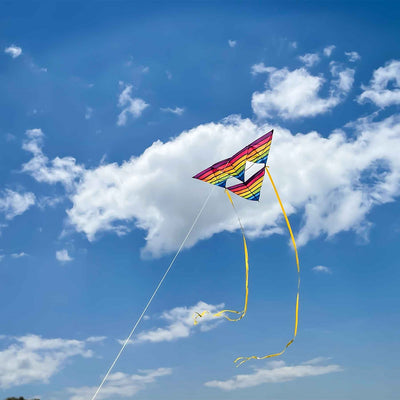 SuperSize Tetra Kite featuring a colorful ripstop nylon sail, soaring against a blue sky, showcasing its geometric design.