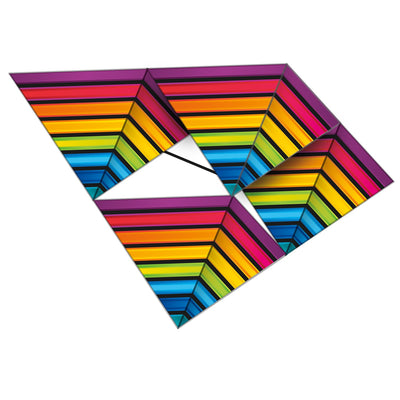 SuperSize Tetra Kite featuring a colorful ripstop nylon sail, soaring against a blue sky, showcasing its geometric design.