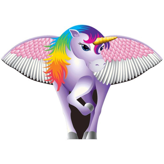 Supersize Ultra Unicorn Kite soaring in a clear blue sky, showcasing vibrant rainbow colors and a detailed unicorn design on a sturdy frame.