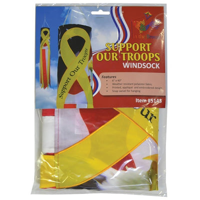 Vibrant Support Our Troops 40'' windsock displaying an eagle and patriotic colors in a front yard setting, representing military support.