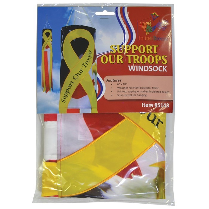 Vibrant Support Our Troops 40'' windsock displaying an eagle and patriotic colors in a front yard setting, representing military support.