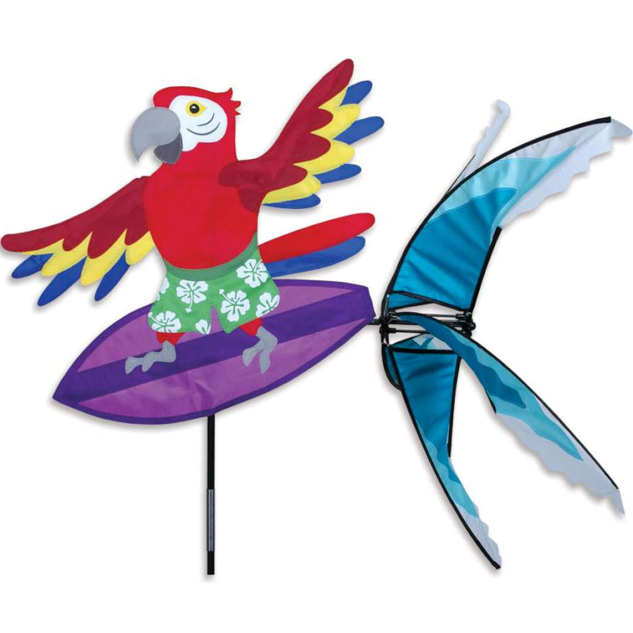 Surfing Parrot Spinner with brightly colored parrot riding a surfboard, elegantly spinning in a garden setting under clear skies.