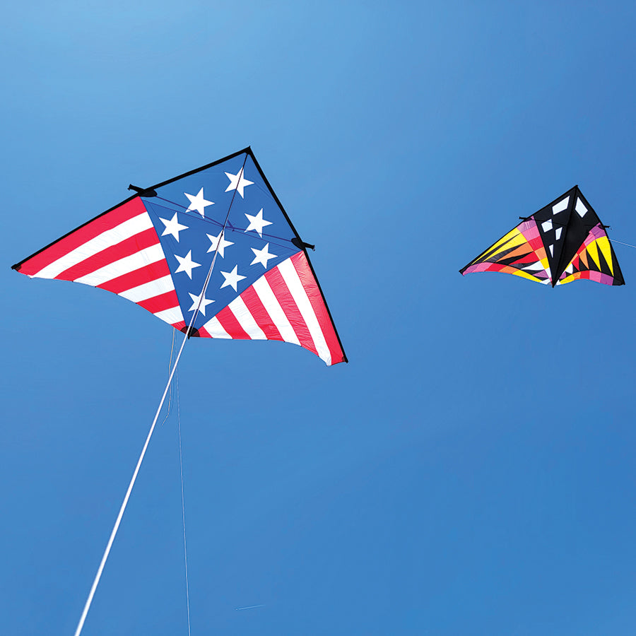 Sweet 16 Delta kite measuring 192 x 96 inches, displaying vibrant patriotic colors against a clear blue sky during a sunny day.