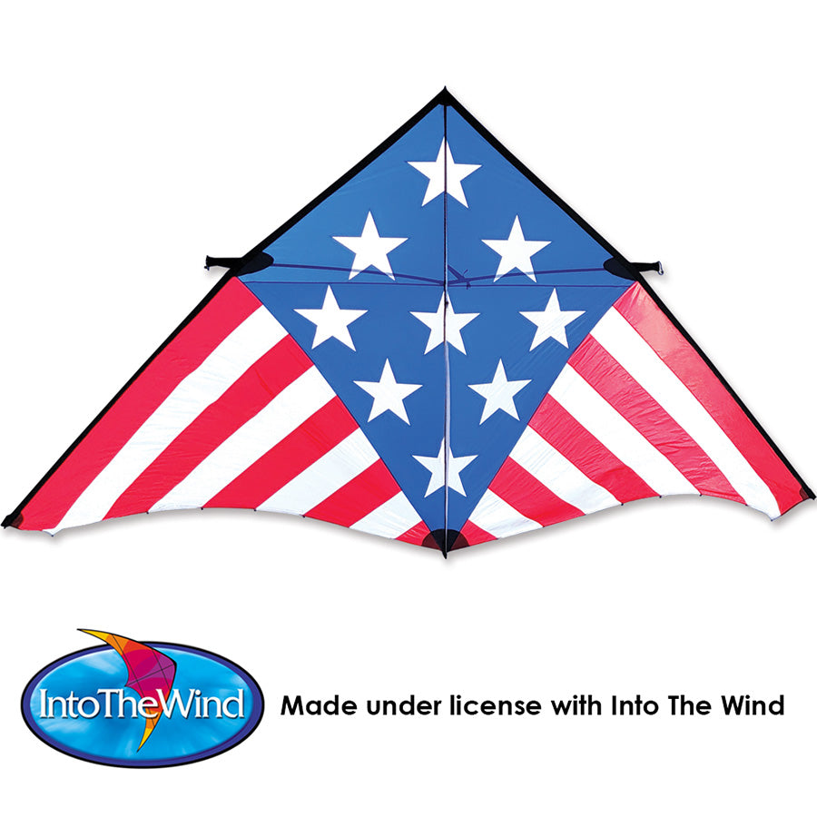 Sweet 16 Delta kite measuring 192 x 96 inches, displaying vibrant patriotic colors against a clear blue sky during a sunny day.