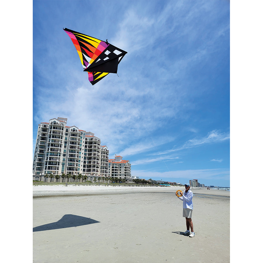 Sweet 16 Delta Kite in Sunrise Check design soaring in a blue sky with a vibrant tail fluttering in the wind, measuring 192 x 96 inches.