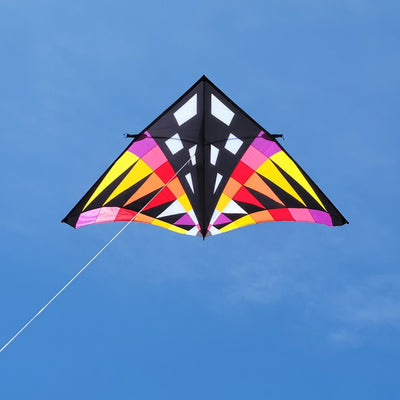 Sweet 16 Delta Kite in Sunrise Check design soaring in a blue sky with a vibrant tail fluttering in the wind, measuring 192 x 96 inches.
