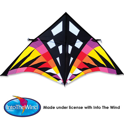 Sweet 16 Delta Kite in Sunrise Check design soaring in a blue sky with a vibrant tail fluttering in the wind, measuring 192 x 96 inches.