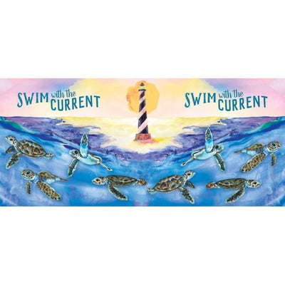 Swim With The Current windsock featuring bright colors and uplifting message elegantly hanging outdoors, flapping in the breeze.