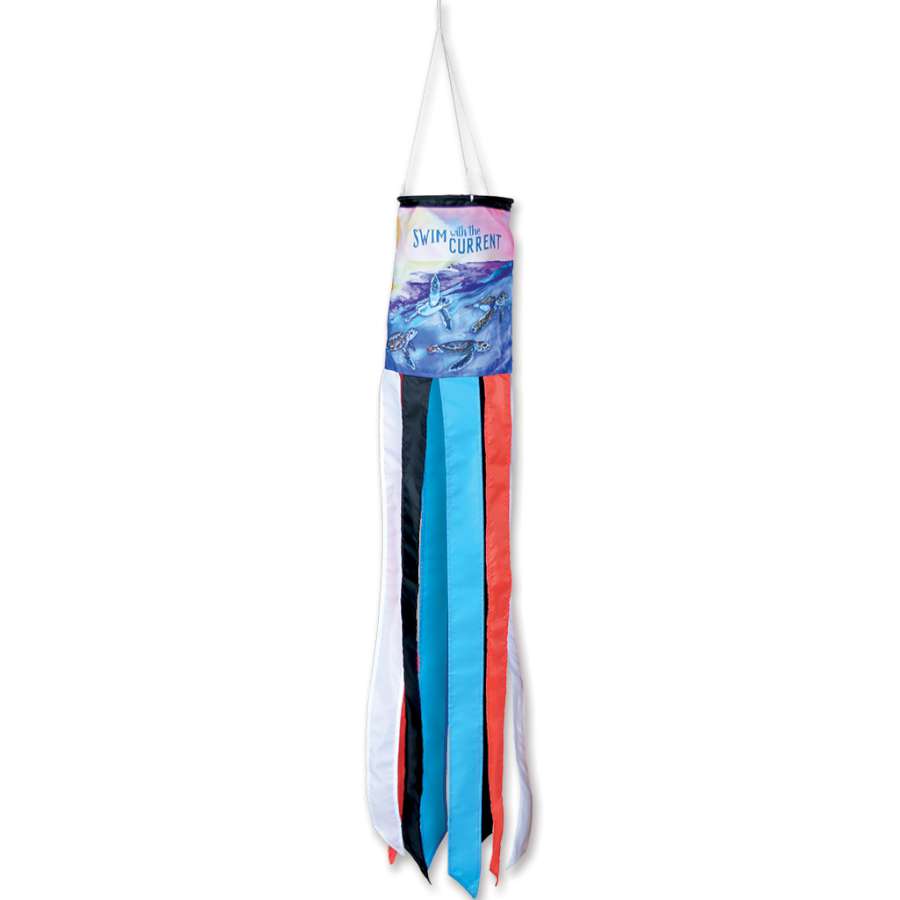 Swim With The Current windsock featuring bright colors and uplifting message elegantly hanging outdoors, flapping in the breeze.
