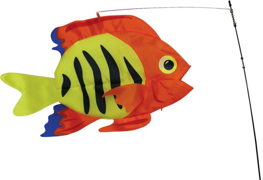 Swimming Fish - Flame Fish garden decoration bobbing in the wind, featuring colorful, fade-resistant SunTex fabric and fiberglass hardware in an outdoor setting.