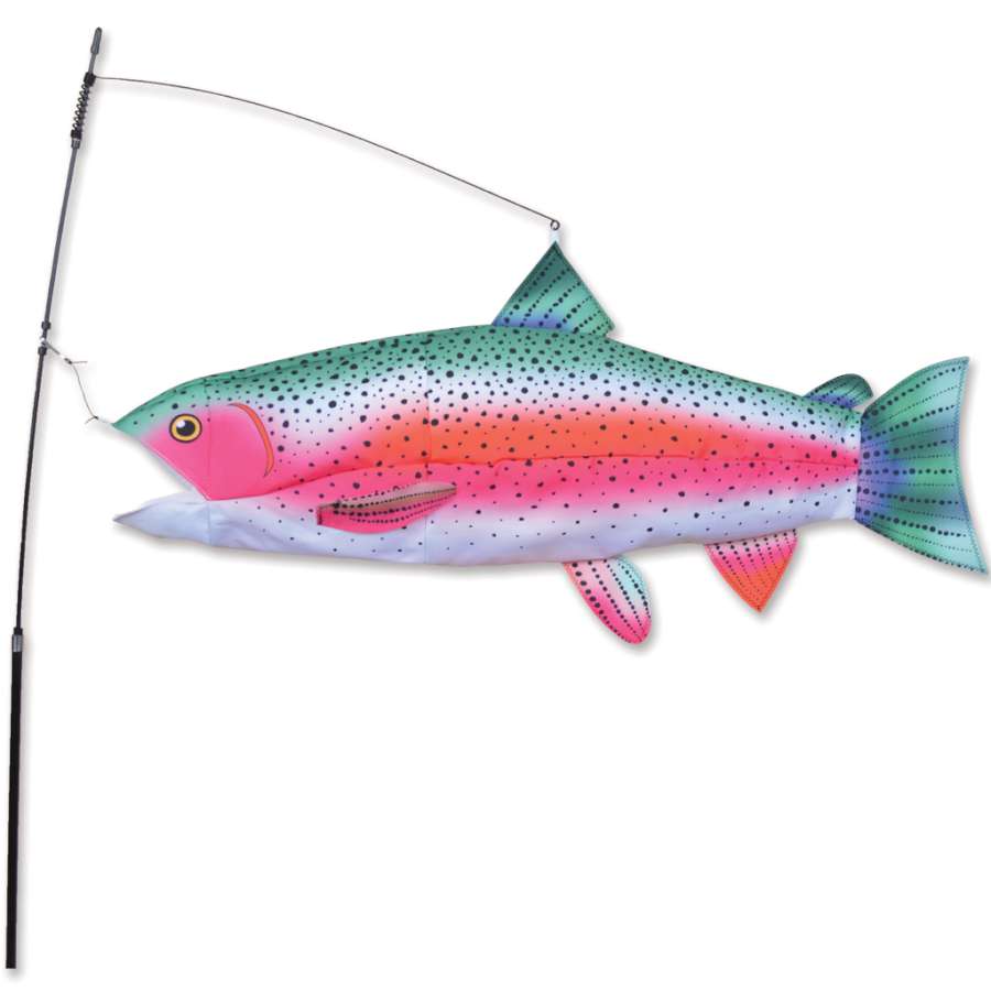 Swimming Fish - Rainbow Trout garden decoration with vibrant colors and dynamic movement displayed in a garden setting.