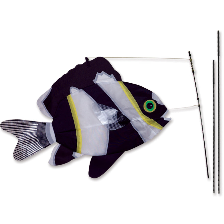 Swimming Fish Recumbent Bike Flag, 21x14 inches, showcasing a colorful 3-D design, waving in the wind from a recumbent bicycle.