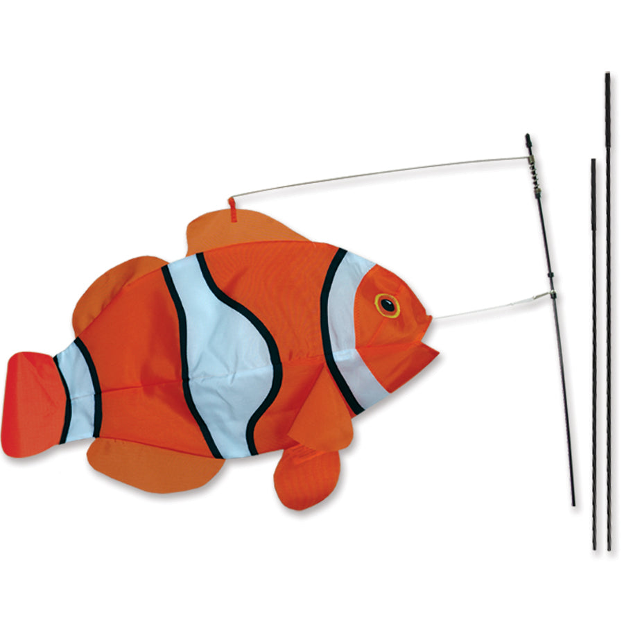 Swimming Fish Recumbent Bike Flag with clownfish design displayed on a recumbent bike, showcasing its vibrant colors and 3-D shape.