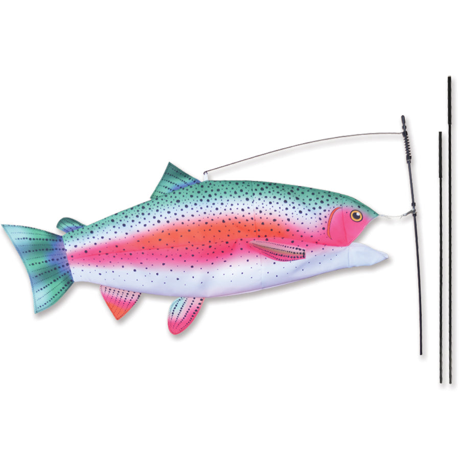 Swimming Fish Recumbent Bike Flag featuring a colorful rainbow trout design, measuring 30x14.5 inches, mounted on a recumbent bicycle outdoors.