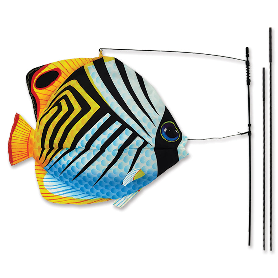 Swimming Fish Recumbent Bike Flag measuring 20x14 inches, featuring a playful design that resembles a swimming fish, attached to a recumbent bicycle.
