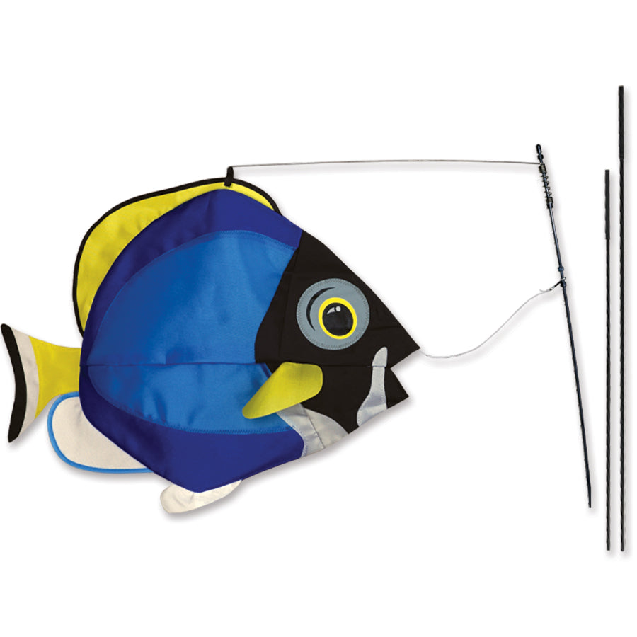 Vibrant Swimming Fish Recumbent Bike Flag measuring 20x14 inches, featuring a lifelike fish design displayed on a bike support pole outdoors.