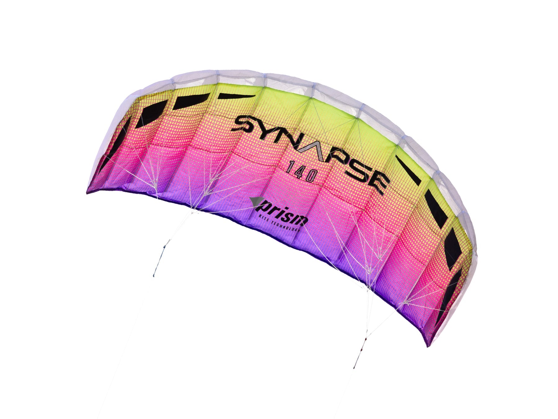 Synapse 140 dual-line stunt kite in Plasma and Cilantro colors with frameless fabric sail, 53-inch wingspan, and complete ready-to-fly line set.