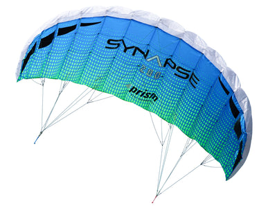 Synapse 200 dual-line stunt kite with frameless fabric sail, 78.5-inch wingspan, wide wind range, and ultra low-stretch Dyneema flying lines.
