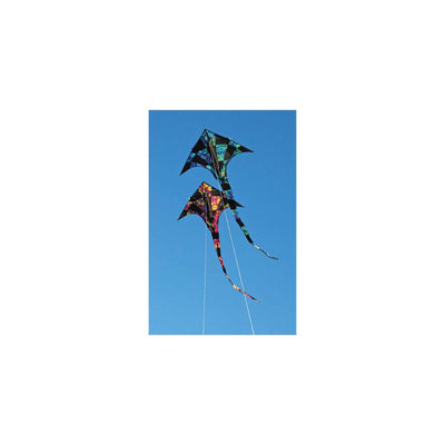 T-Delta Kite - Warm Orbit featuring a colorful design flying high against a blue sky, measuring 150 x 283 inches, perfect for outdoor fun.