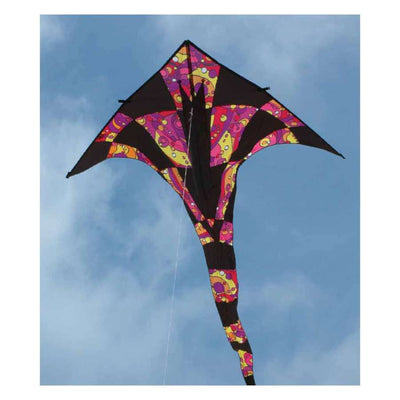 T-Delta Kite - Warm Orbit featuring a colorful design flying high against a blue sky, measuring 150 x 283 inches, perfect for outdoor fun.