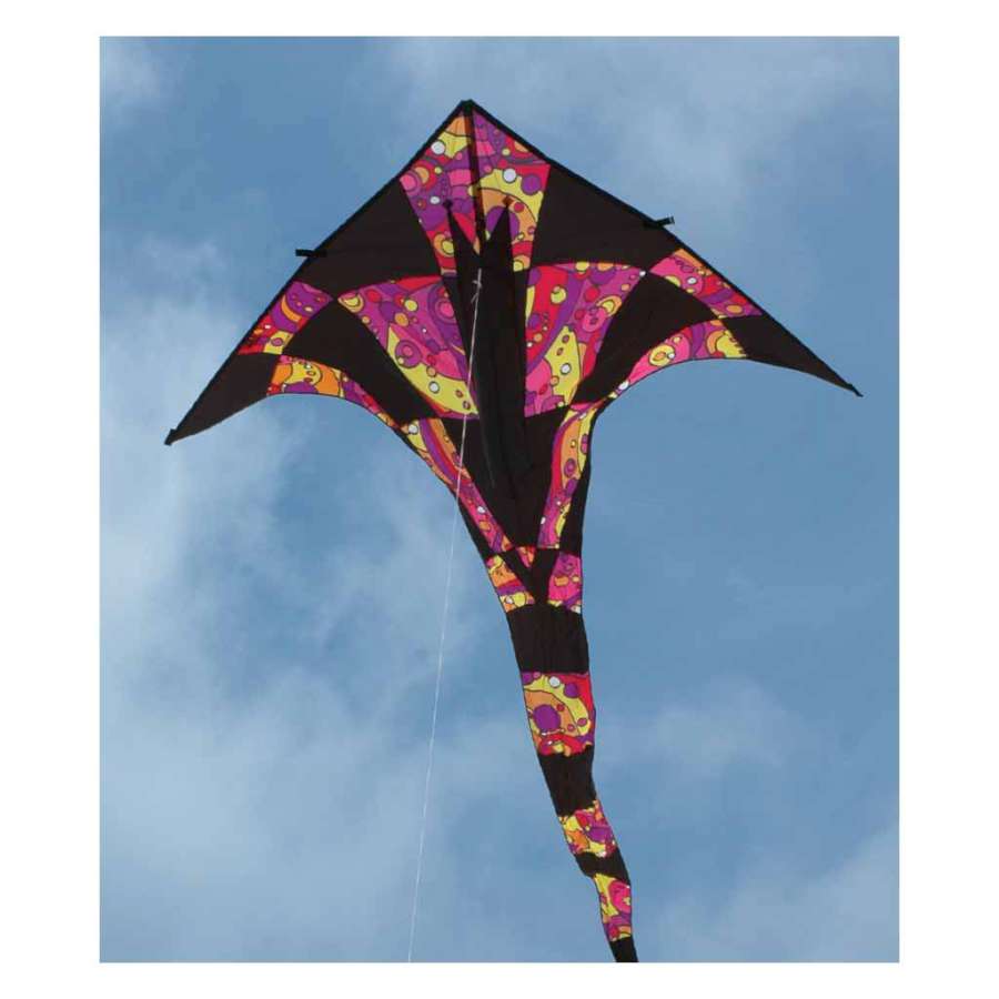 T-Delta Kite - Warm Orbit featuring a colorful design flying high against a blue sky, measuring 150 x 283 inches, perfect for outdoor fun.