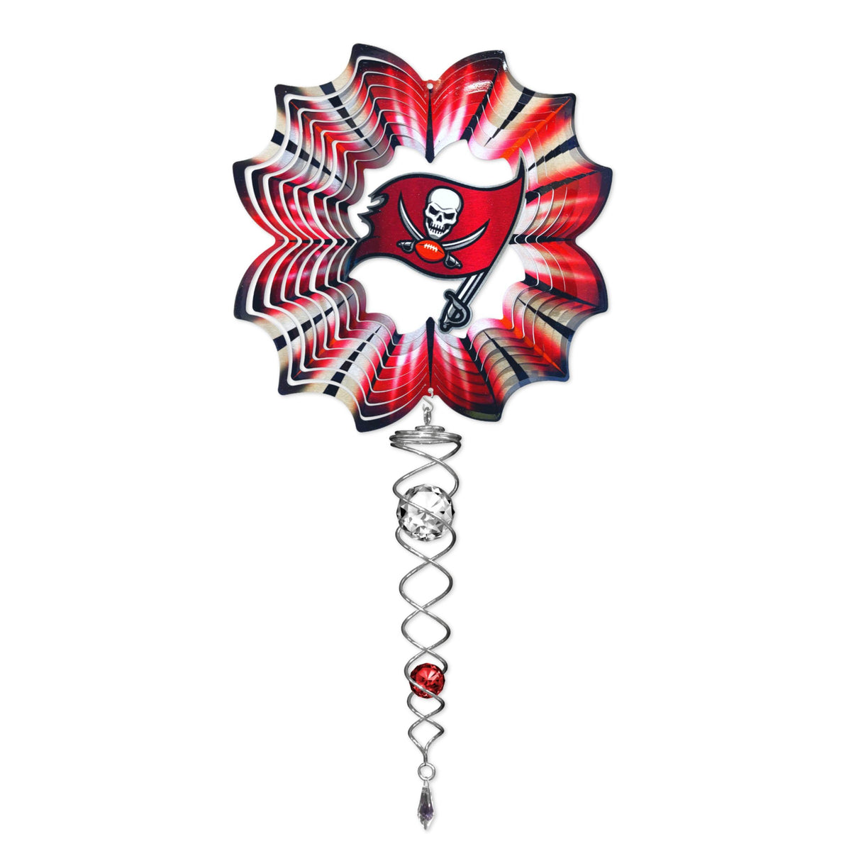 Tampa Bay Buccaneers mini wind spinner set including a 6.5-inch wind spinner and 7.5-inch crystal twister, showcasing vibrant team colors in motion.