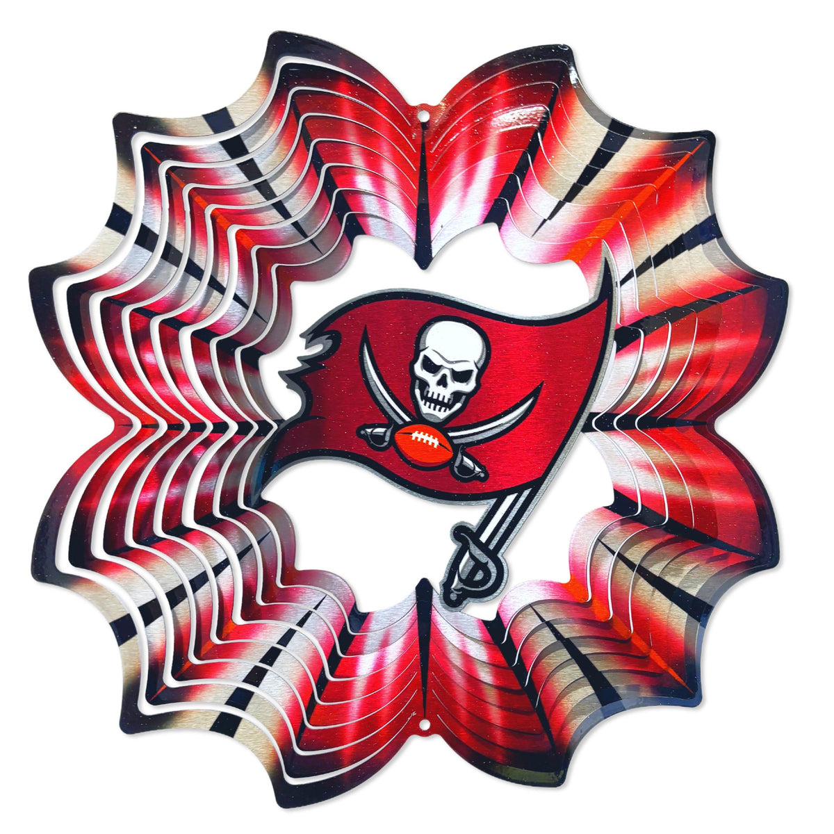 Tampa Bay Buccaneers 12-inch wind spinner featuring vibrant team graphics, displayed outdoors with gentle wind movement.
